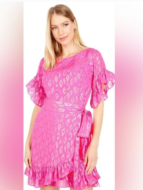 Lilly Pulitzer Darlah Silk Razberry Leopard Metallic Mini Dress - Picture 2 of 8